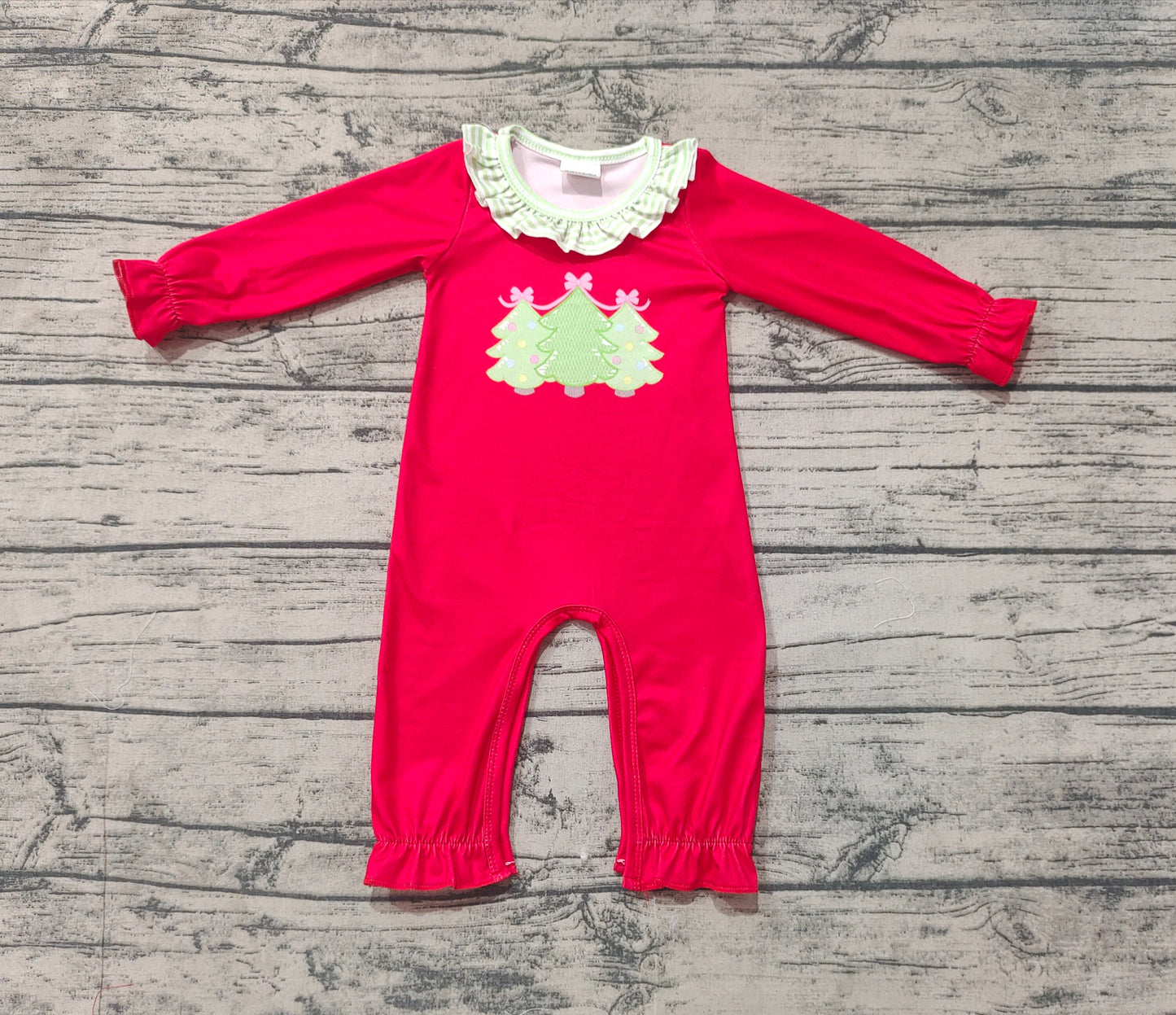 Baby Infant Girls Red Christmas Trees Long Sleeve Rompers