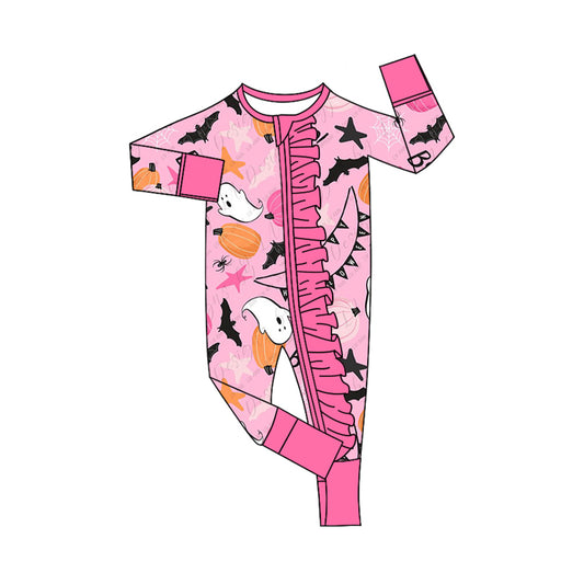 Baby Infant Girls Halloween Pink Pumpkin Ghost Zip Rompers preorder