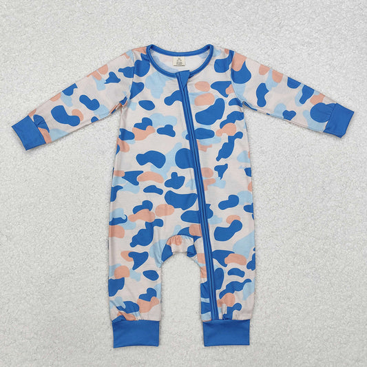 Baby Infant Boys Blue Camo Fall Zip Long Sleeve Rompers