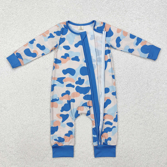 Baby Infant Boys Blue Camo Fall Zip Long Sleeve Rompers