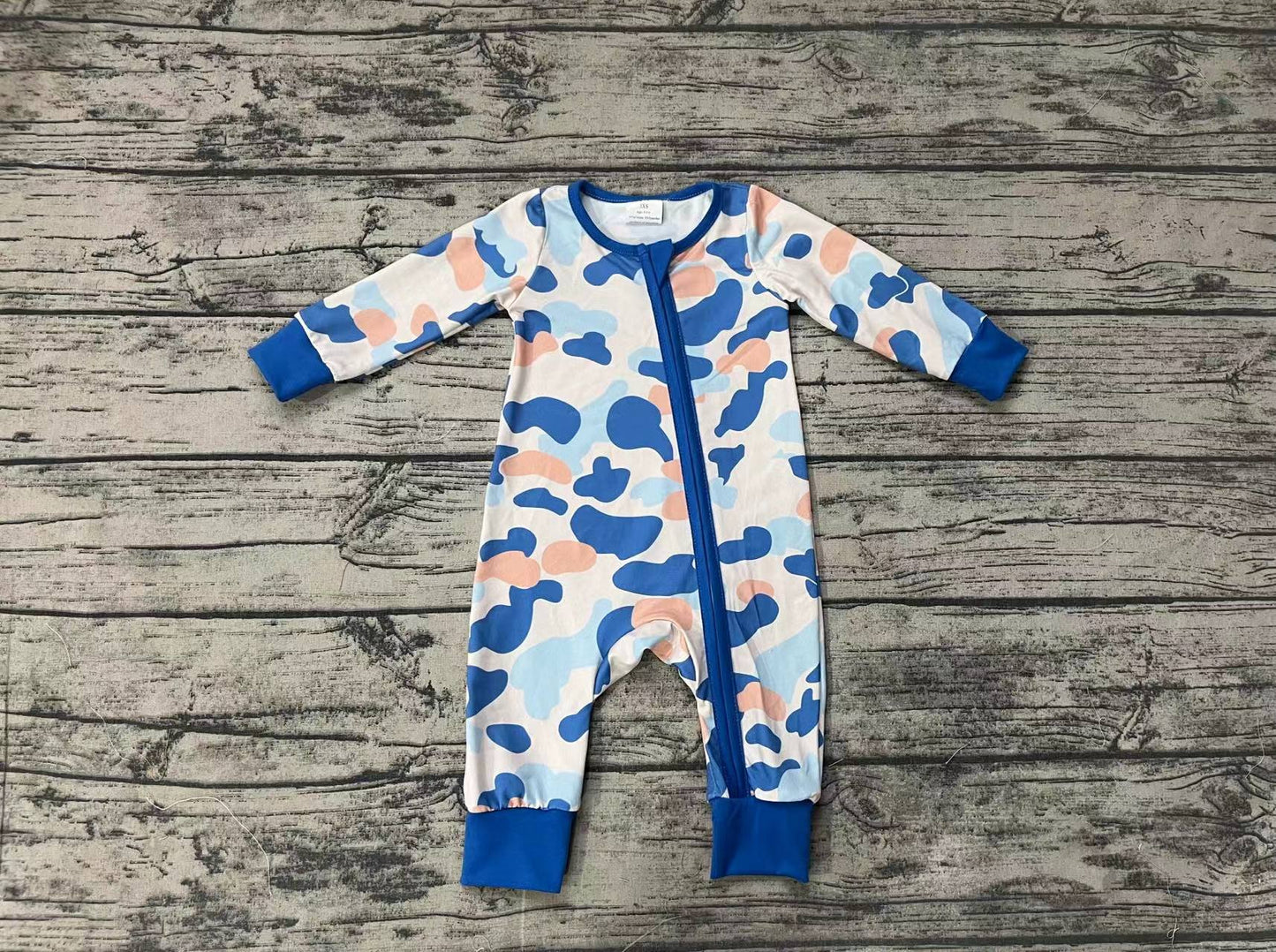 Baby Infant Boys Blue Camo Fall Zip Long Sleeve Rompers