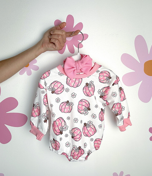 Baby Infant Girls Pink Pumpkins Flowers Long Sleeve Rompers preorder