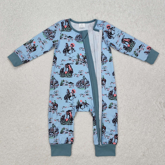 Baby Infant Boys Western Rodeo Horse Zip Long Sleeve Rompers