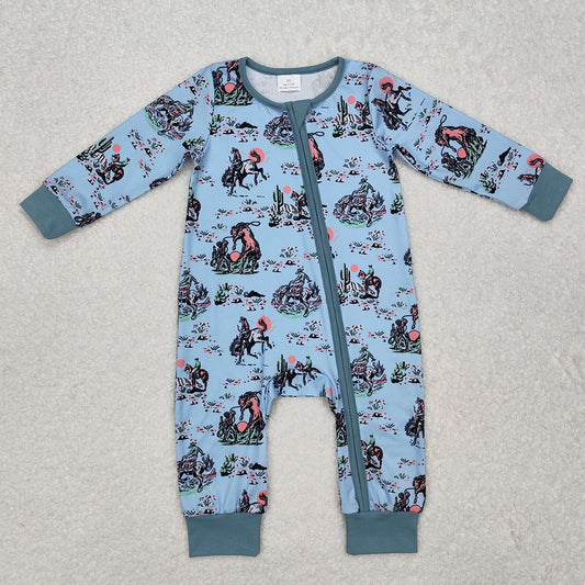 Baby Infant Boys Western Rodeo Horse Zip Long Sleeve Rompers