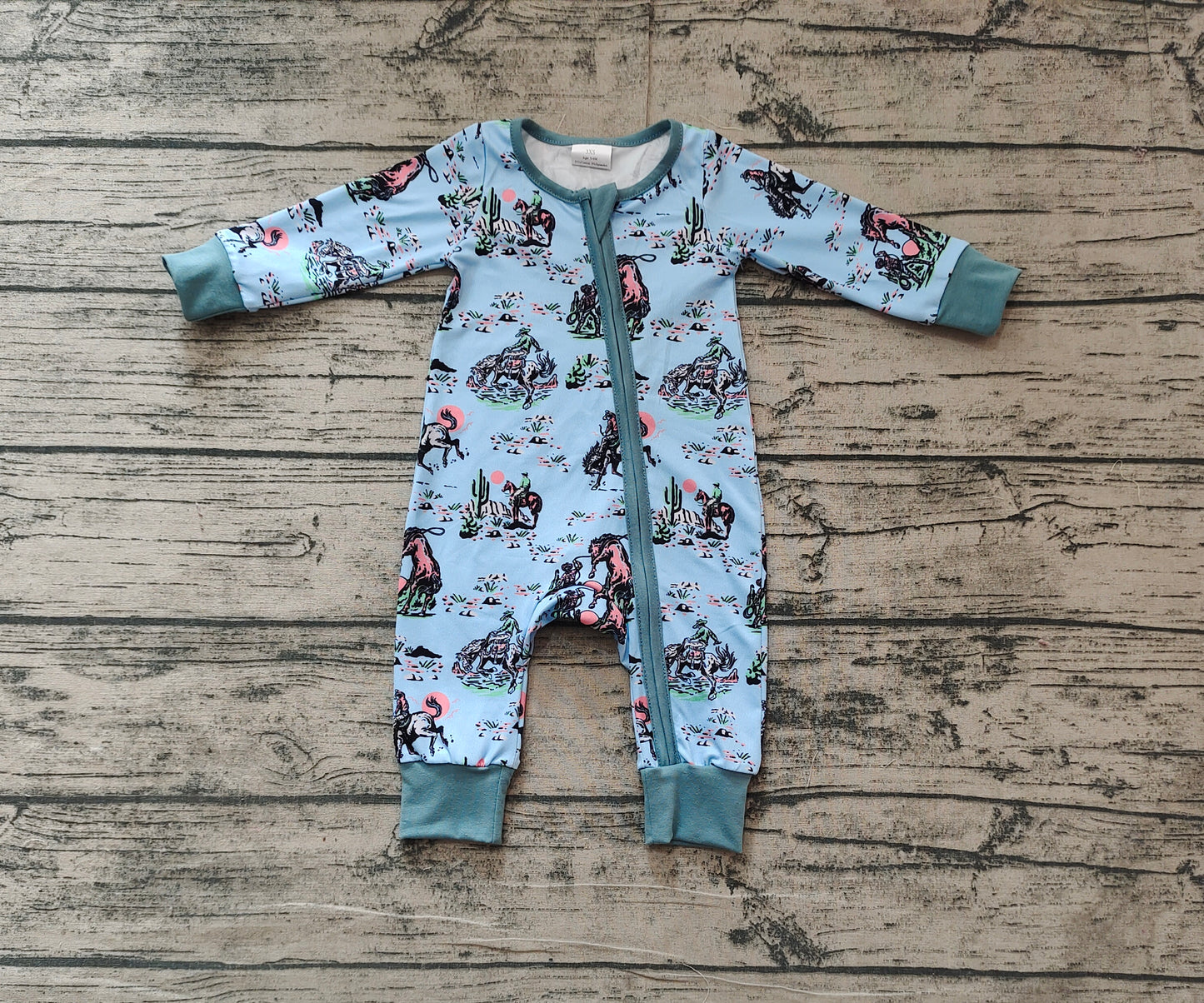 Baby Infant Boys Western Rodeo Horse Zip Long Sleeve Rompers