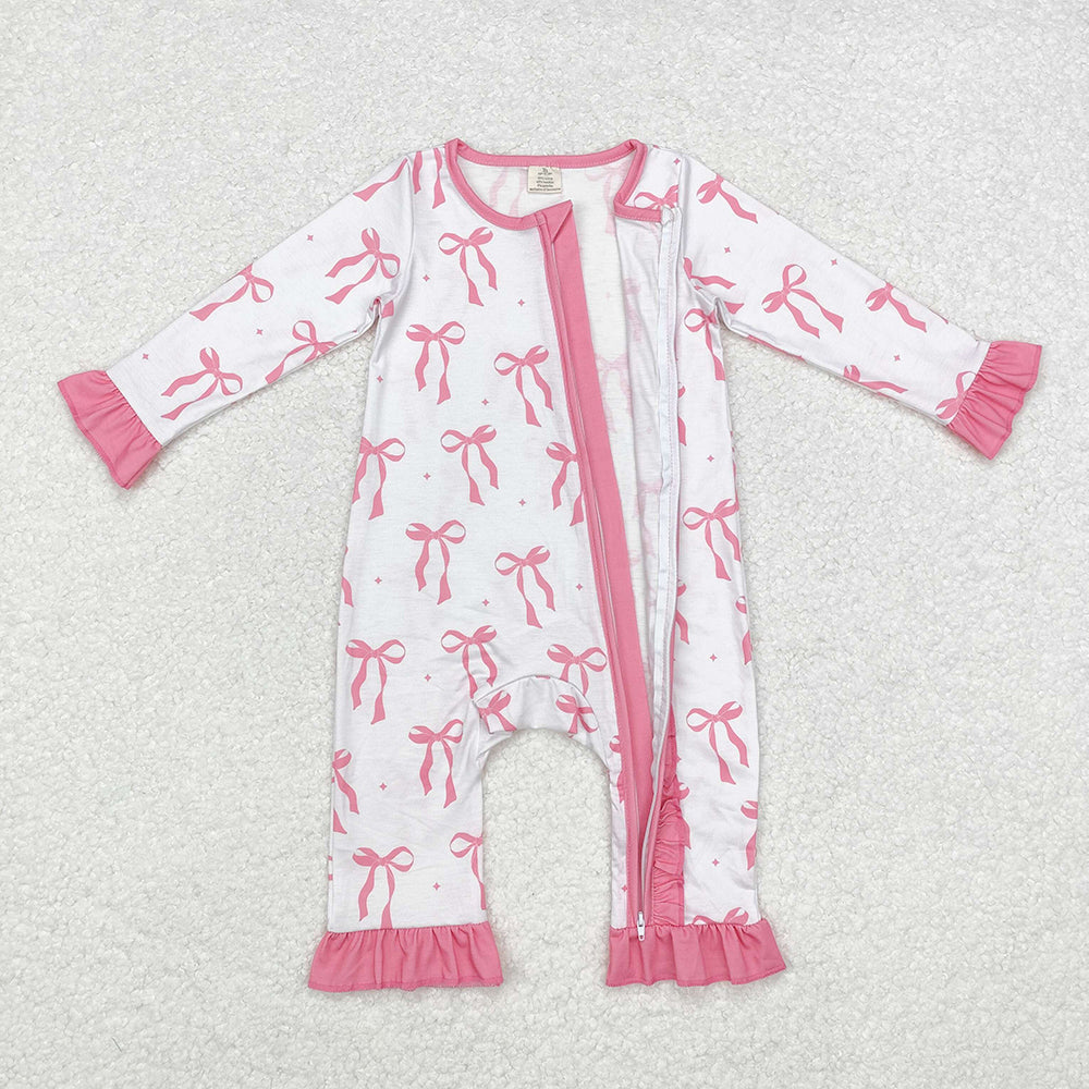 Baby Infant Girls Pink Bows Ruffle Bamboo Zip Rompers