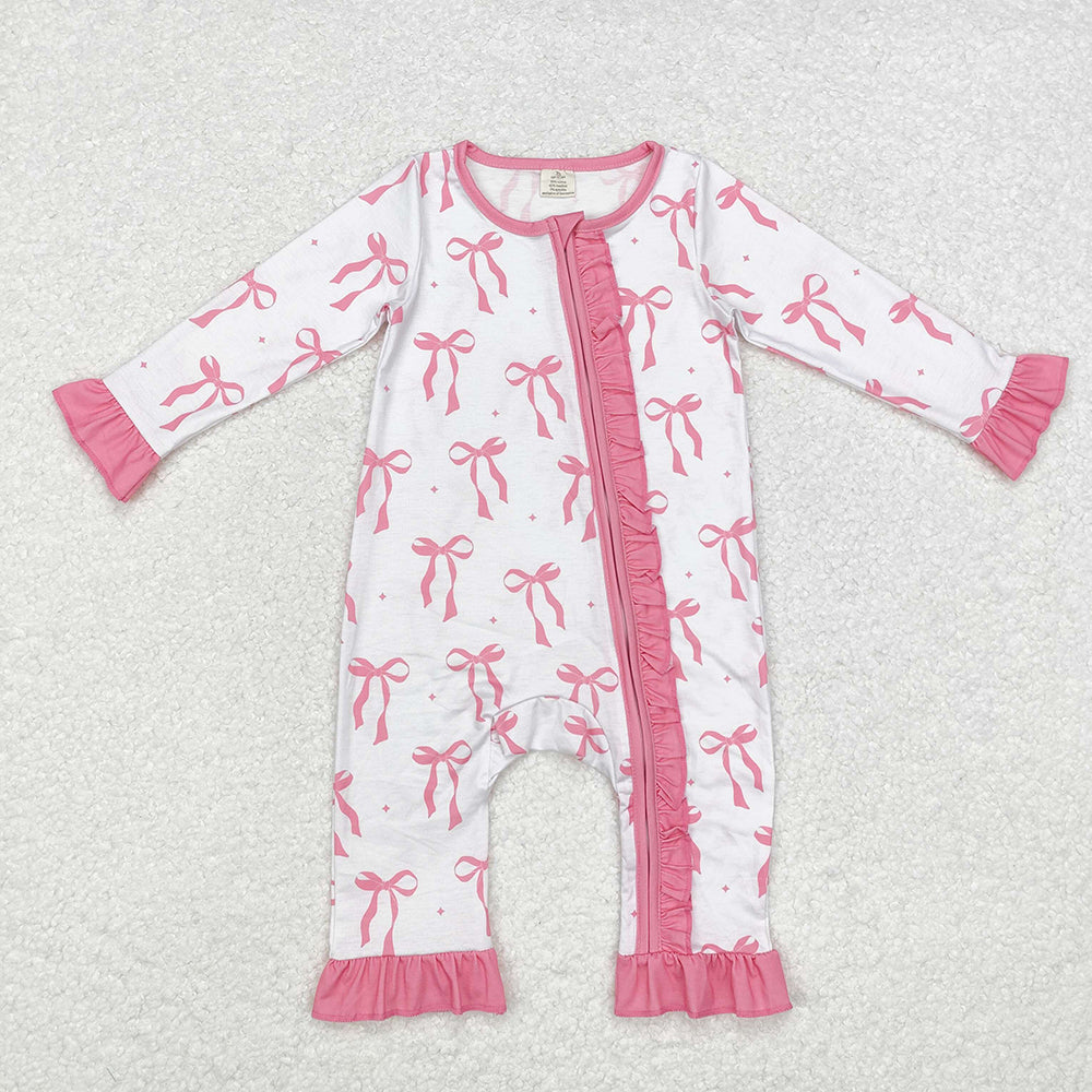 Baby Infant Girls Pink Bows Ruffle Bamboo Zip Rompers