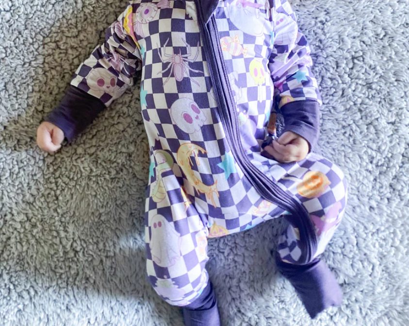 Baby Infant Girls Halloween Checkered Purple Zip Rompers preorder