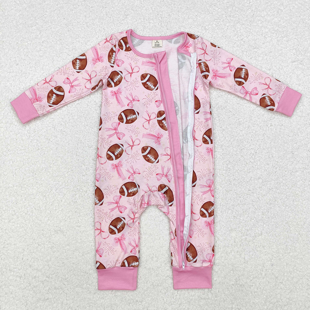 Baby Infant Girls Pink Bows Football Bamboo Zip Rompers