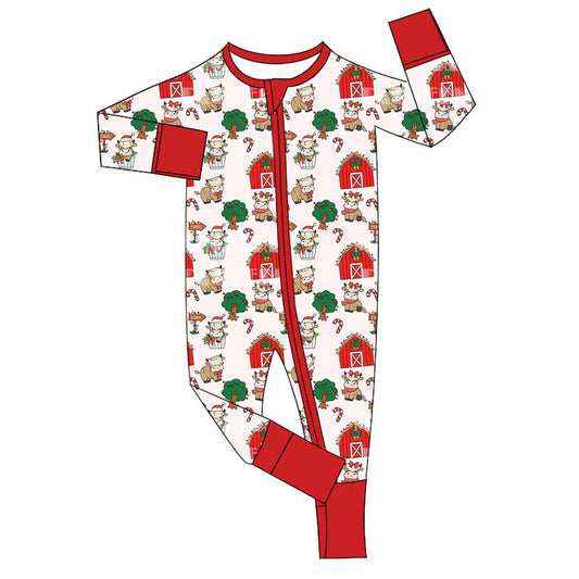 Baby Infant Boys Christmas Farm Candy Cows Zip Rompers preorder