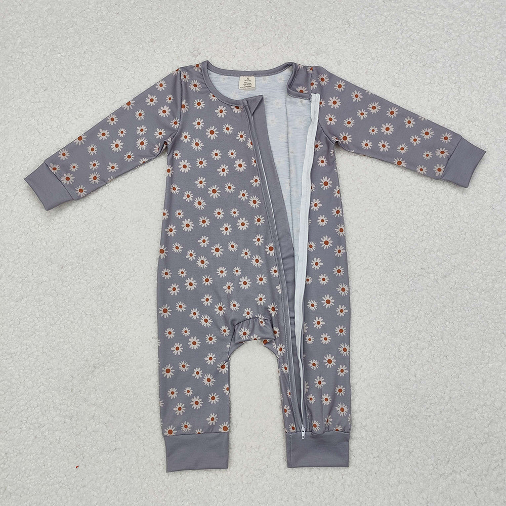 Baby Infant Girls Grey Bamboo Sunflowers Zip Rompers