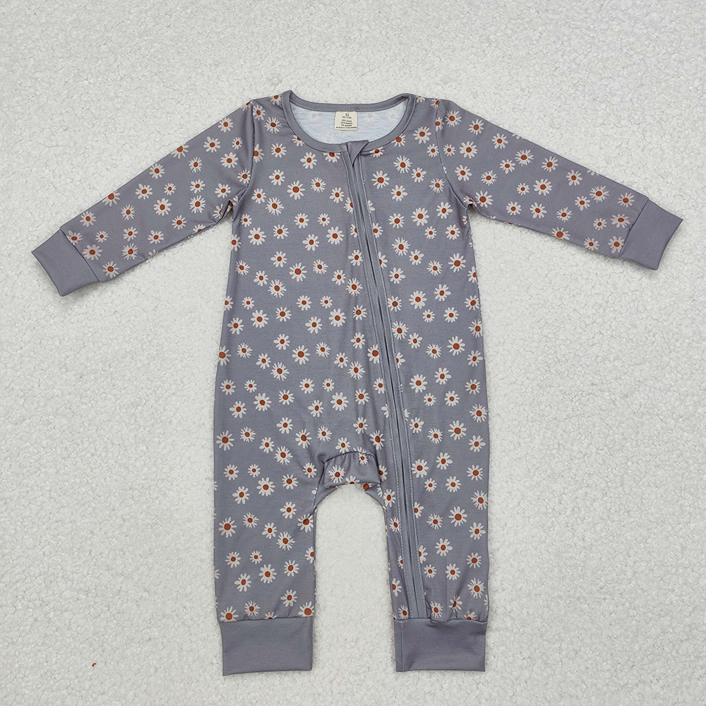 Baby Infant Girls Grey Bamboo Sunflowers Zip Rompers