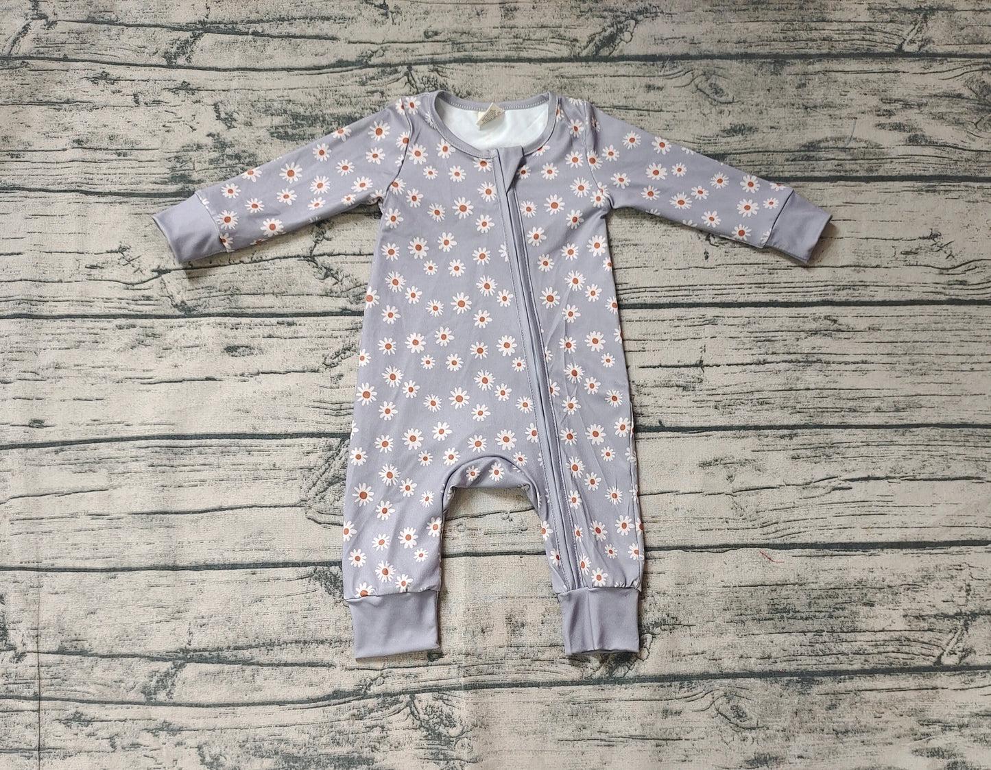 Baby Infant Girls Grey Bamboo Sunflowers Zip Rompers