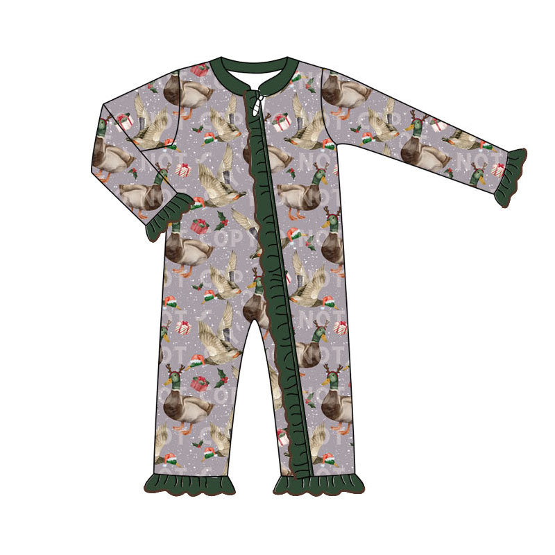 Baby Infant Girls Mallard Ducks Christmas Ruffles Zip Rompers preorder