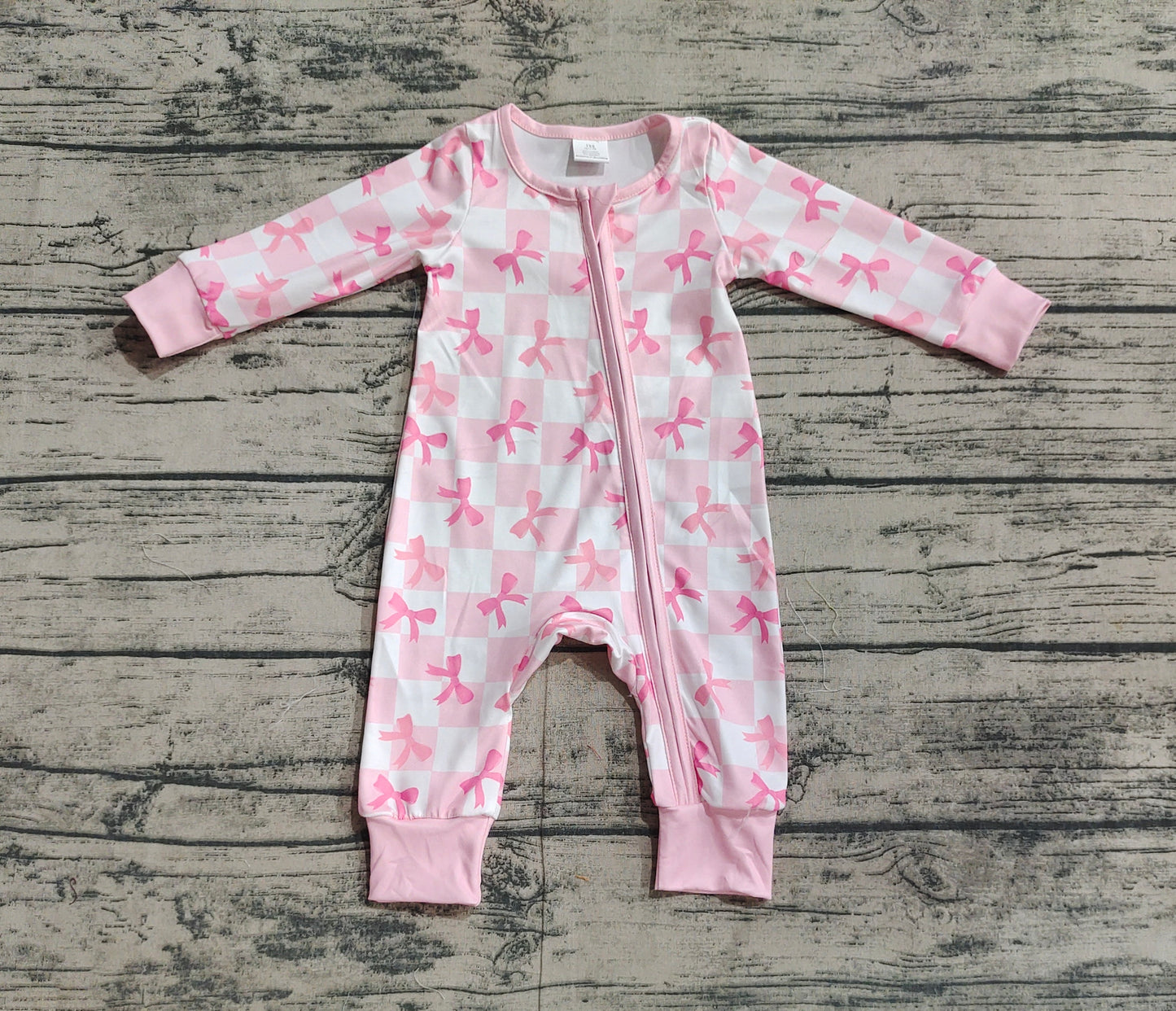 Baby Infant Girls Pink Checkered Bows Bamboo Zip Rompers