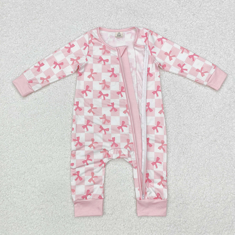 Baby Infant Girls Pink Checkered Bows Bamboo Zip Rompers