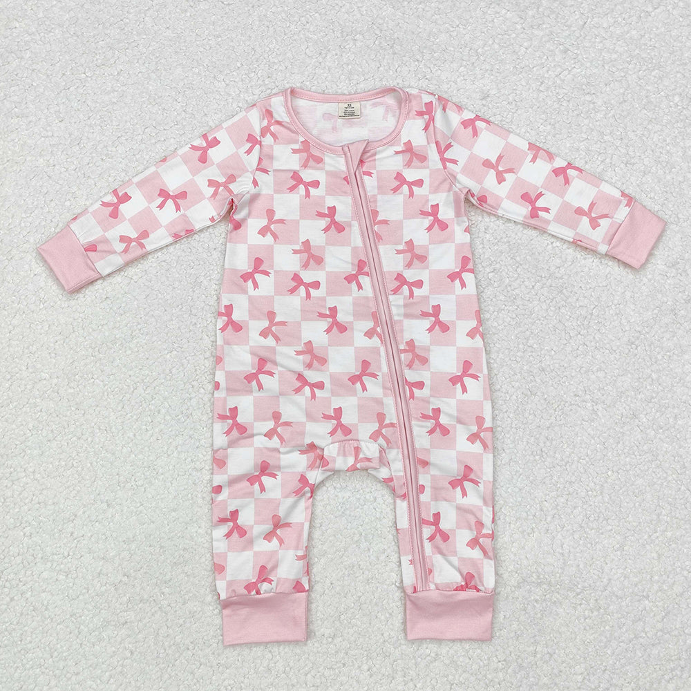 Baby Infant Girls Pink Checkered Bows Bamboo Zip Rompers