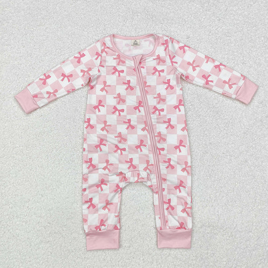 Baby Infant Girls Pink Checkered Bows Bamboo Zip Rompers