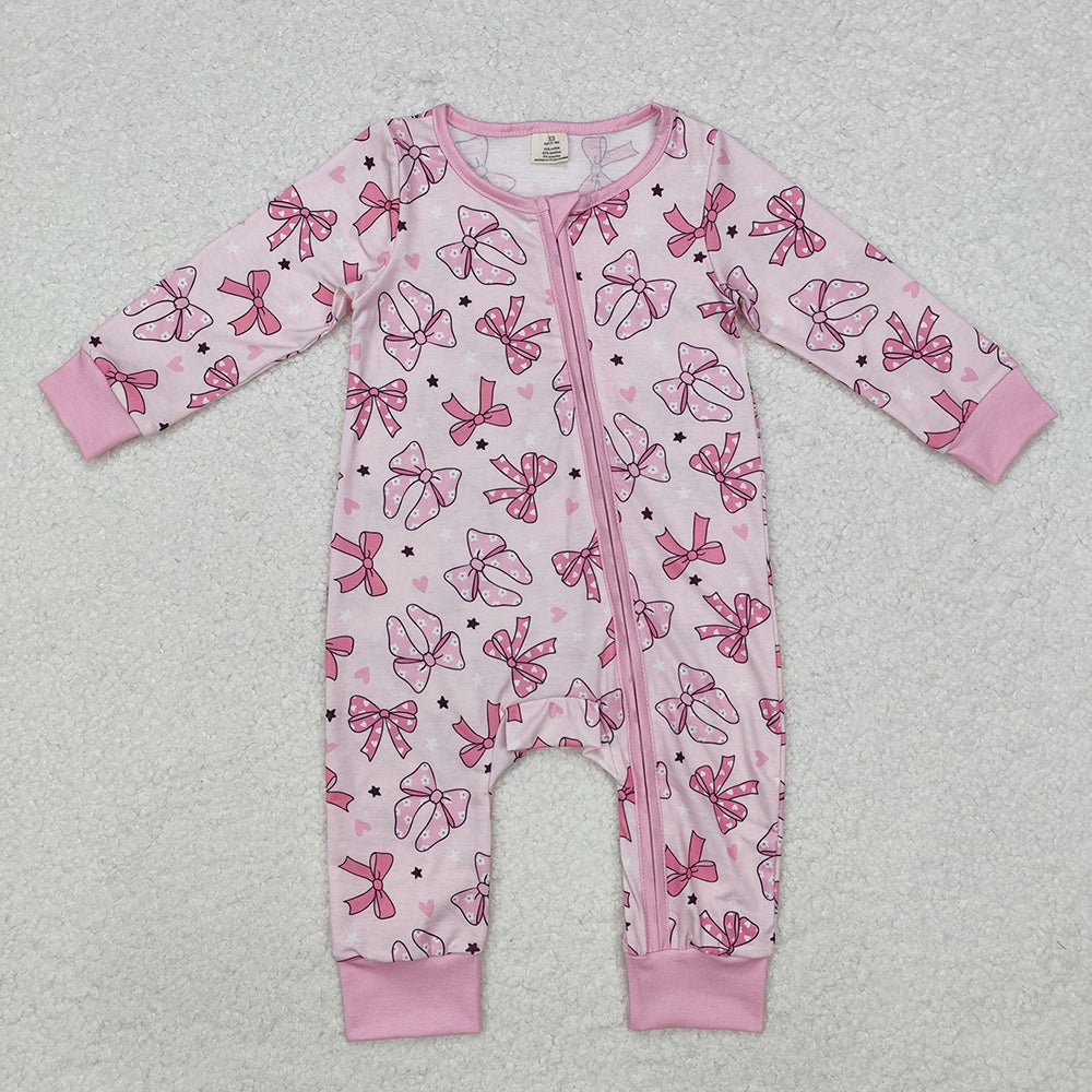 Baby Infant Girls Pink Dots Bows Zip Rompers