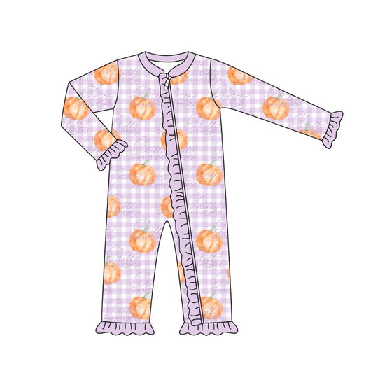 Baby Infant Girls Lavender Checkered Pumpkins Zip Rompers preorder