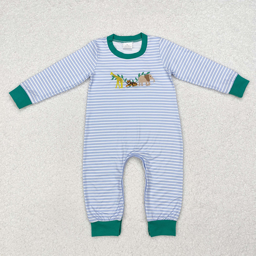 Baby Infant Boys Blue Stripes Animals Elephant Rompers