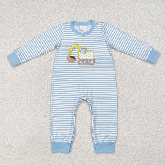 Baby Infant Boys Blue Stripes Digger Construction Rompers