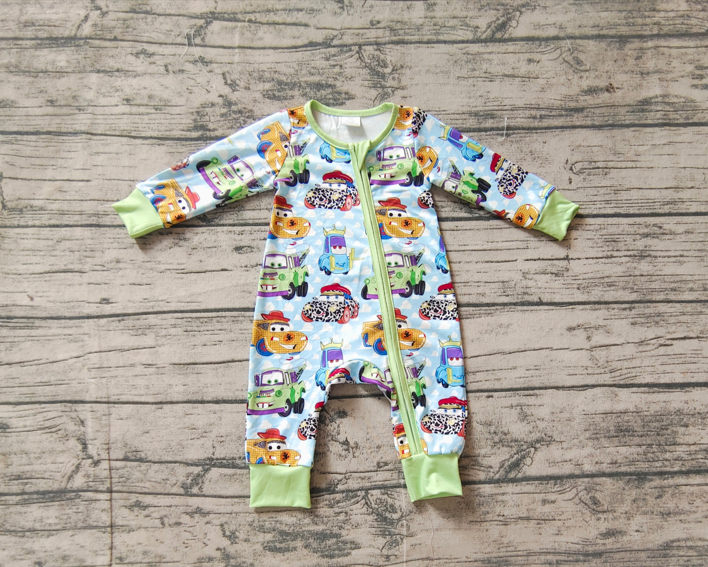 Baby Infant Boys Green Cars Bamboo Zip Rompers