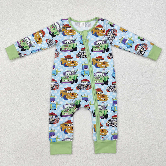 Baby Infant Boys Green Cars Bamboo Zip Rompers