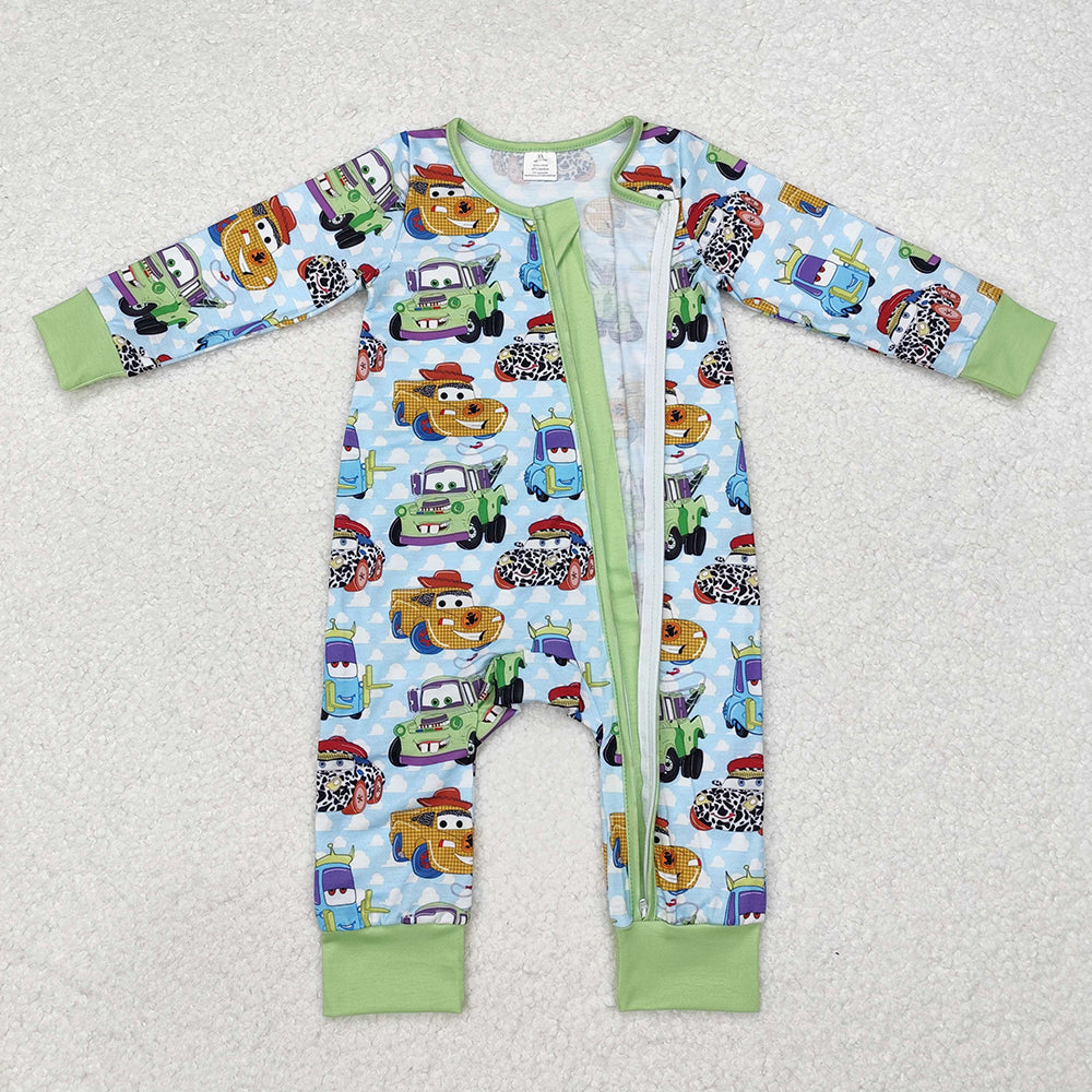 Baby Infant Boys Green Cars Bamboo Zip Rompers