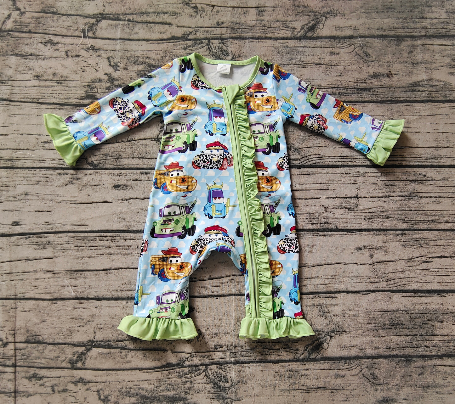 Baby Infant Girls Green Cars Ruffle Bamboo Zip Rompers