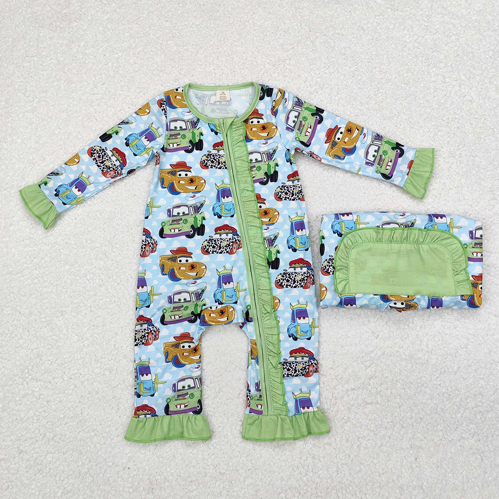 Baby Infant Girls Green Cars Ruffle Bamboo Zip Rompers