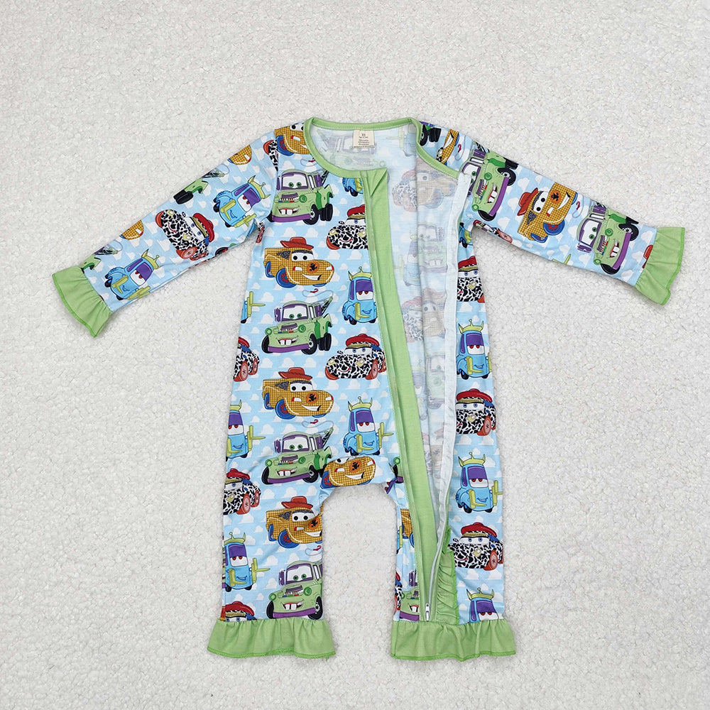 Baby Infant Girls Green Cars Ruffle Bamboo Zip Rompers