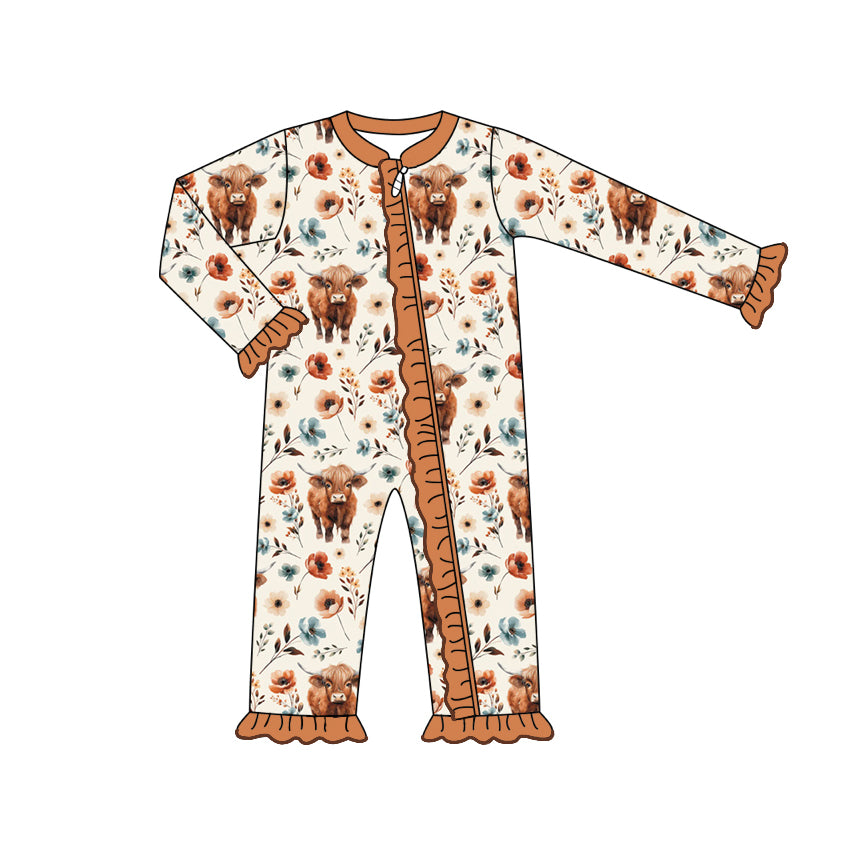 Baby Infant Girls Western Highland Cow Flowers Zip Rompers preorder