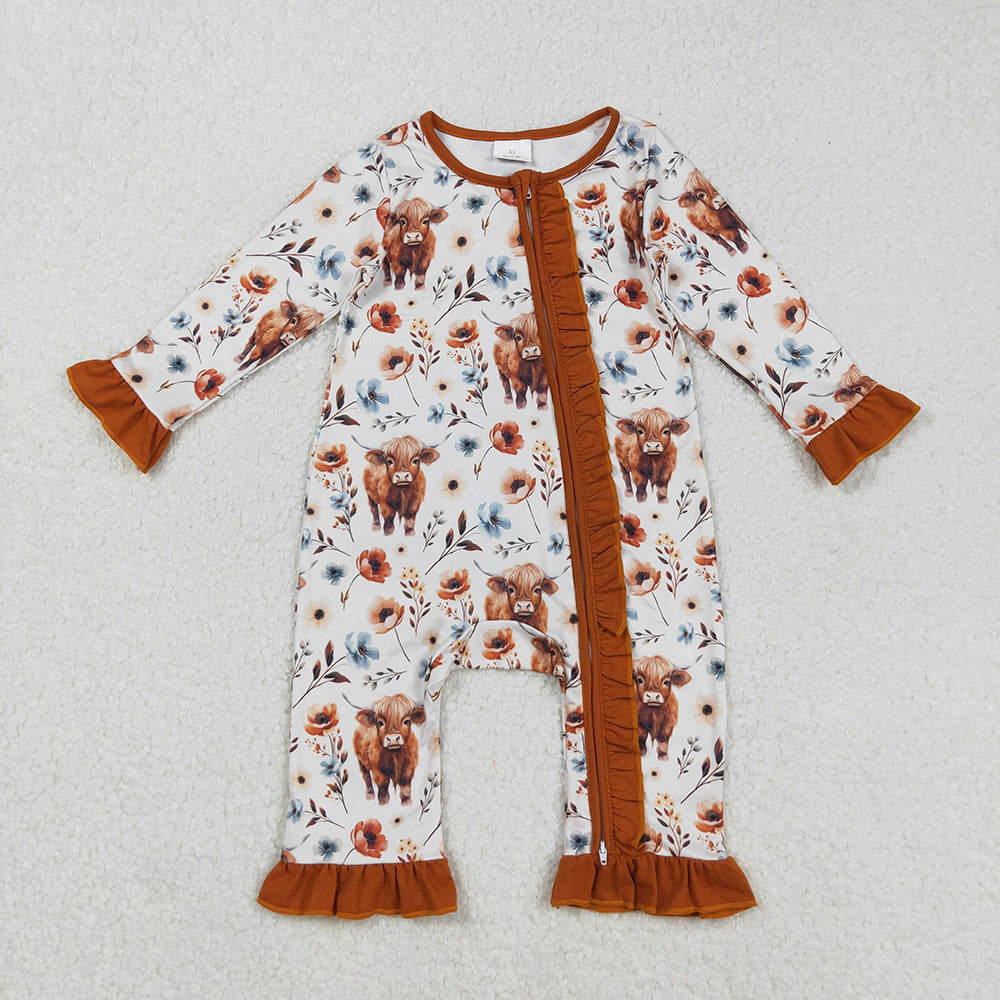 Baby Infant Girls Western Highland Cow Flowers Zip Rompers