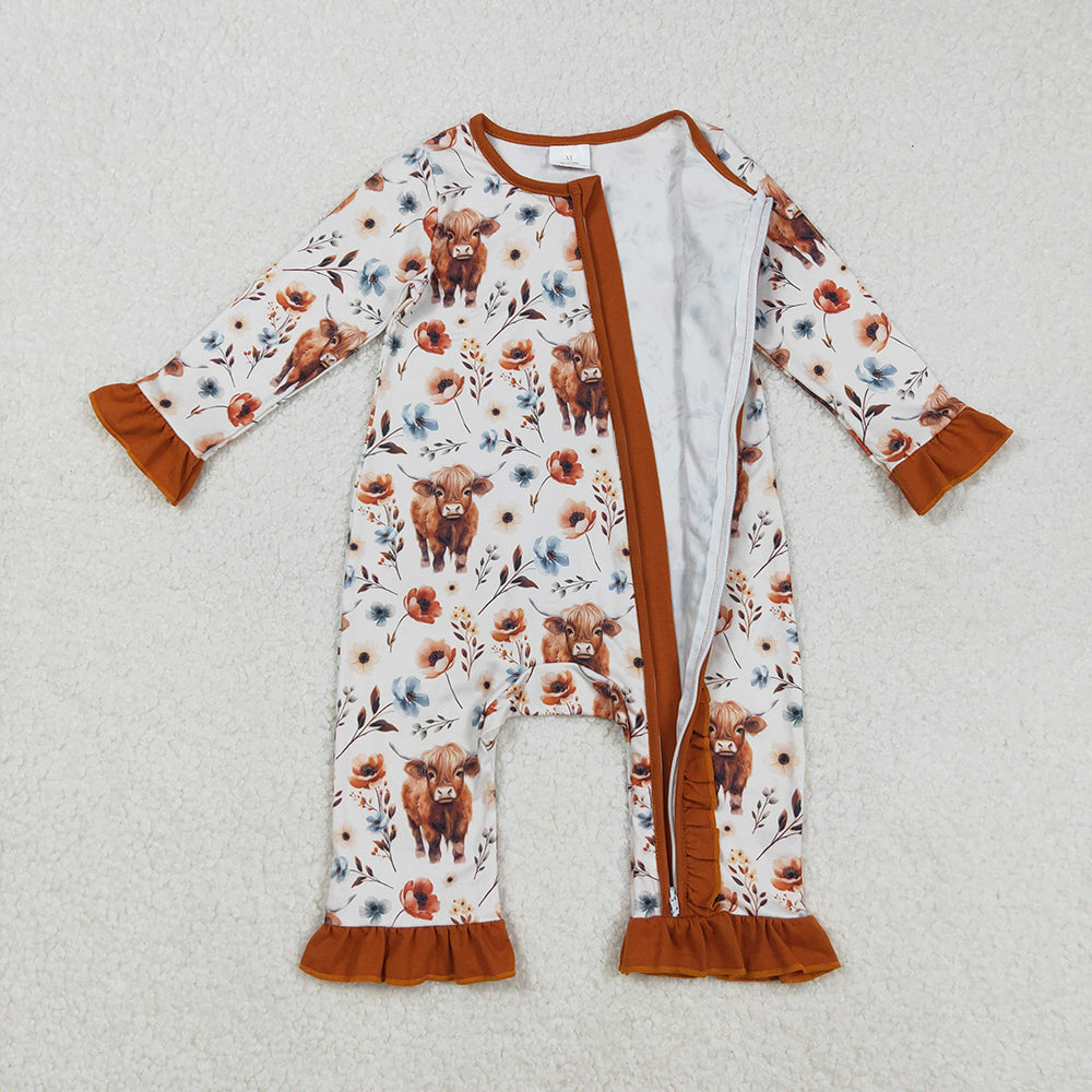 Baby Infant Girls Western Highland Cow Flowers Zip Rompers