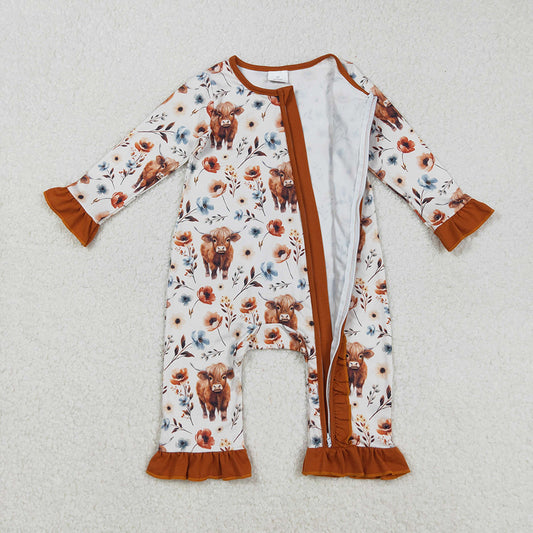 Baby Infant Girls Western Highland Cow Flowers Zip Rompers