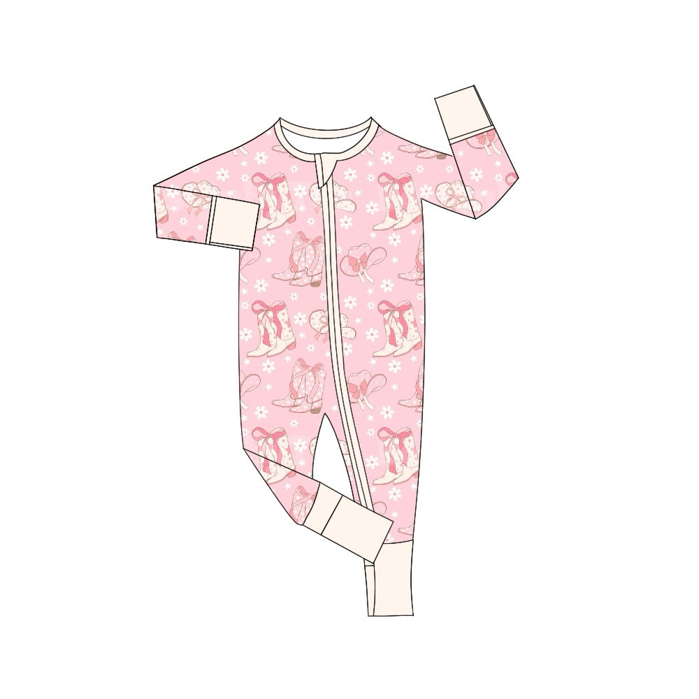 Baby Infant Girls Boots Flowers Pink Western Zip Rompers preorder