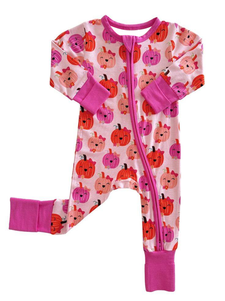 Baby Infant Girls Pink Pumpkins Fall Zip Rompers preorder