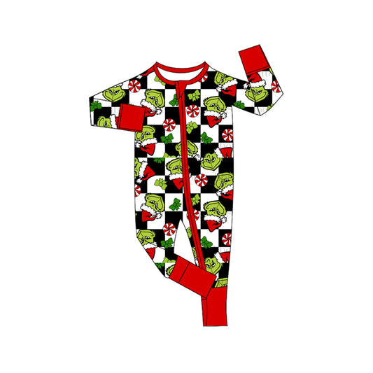 Baby Infant Boys Christmas Green Face Checkered Zip Rompers preorder