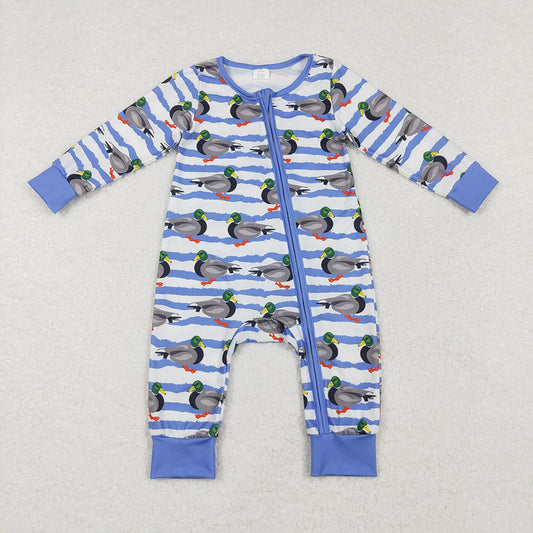 Baby Infant Boys Fall Stripes Ducks Bamboo Zip Rompers preorder