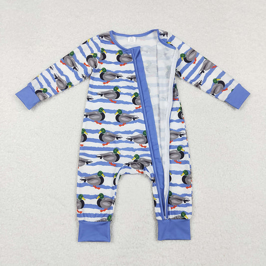 Baby Infant Boys Fall Stripes Ducks Bamboo Zip Rompers preorder