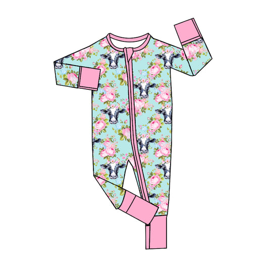 Baby Infant Girls Western Cow Flowers Zip Rompers preorder