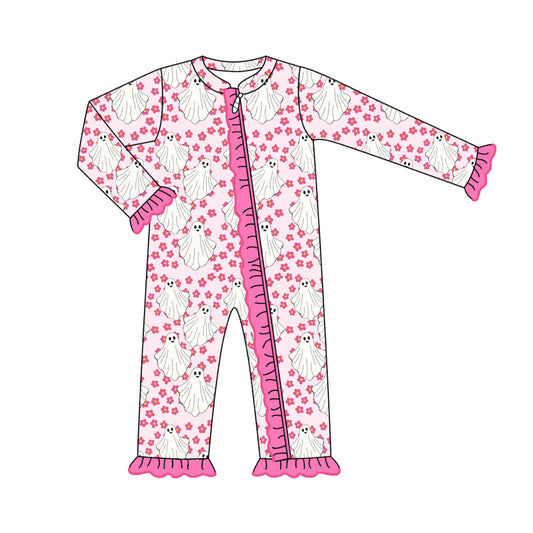 Baby Infant Girls Halloween Pink Ghost Flowers Zip Rompers preorder