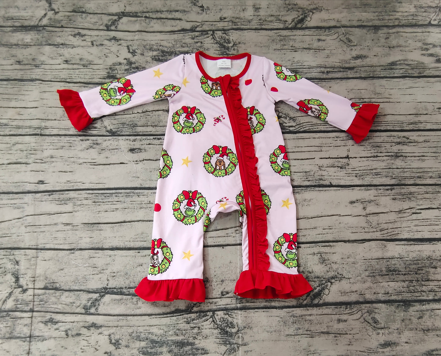 Baby Infant Girls Christmas Green Face Zip Rompers