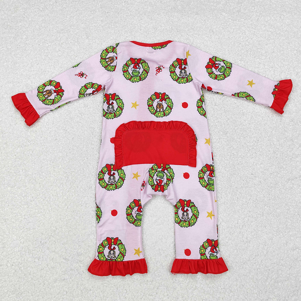 Baby Infant Girls Christmas Green Face Zip Rompers