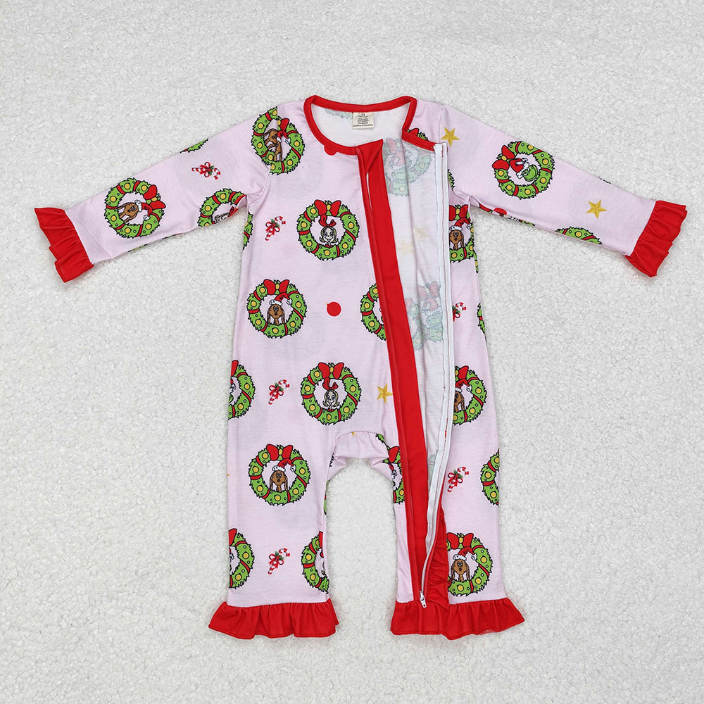 Baby Infant Girls Christmas Green Face Zip Rompers