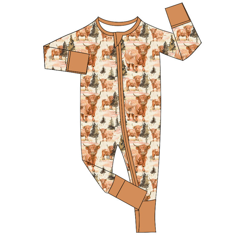 Baby Infant Boys Highland Cow Forest Western Zip Rompers preorder