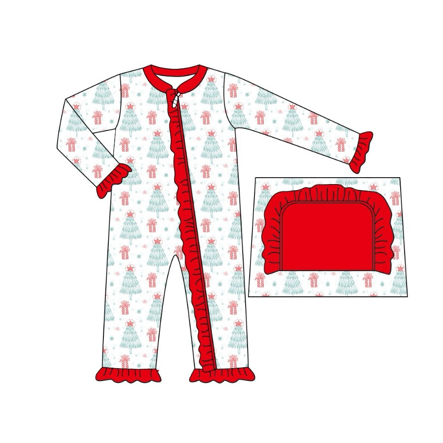 Baby Infant Girls Christmas Tree Stars Zip Rompers preorder