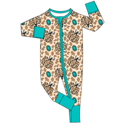 Baby Infant Girls Leopard Pumpkins Turquoise Zip Rompers preorder