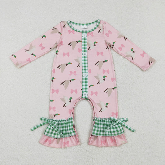 Baby Infant Girls Pink Mallard Ducks Buttons Bows Rompers